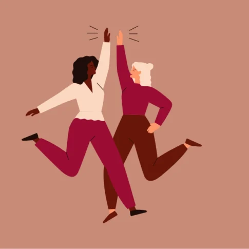 two women jumping and high-fiving each other, vector