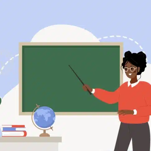 elementary school teacher in the classroom, at the chalkboard, vector illustration