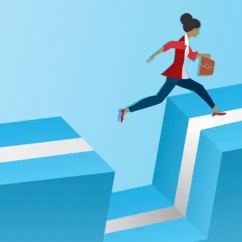 woman taking a gigantic step towards a better future, vector illustration