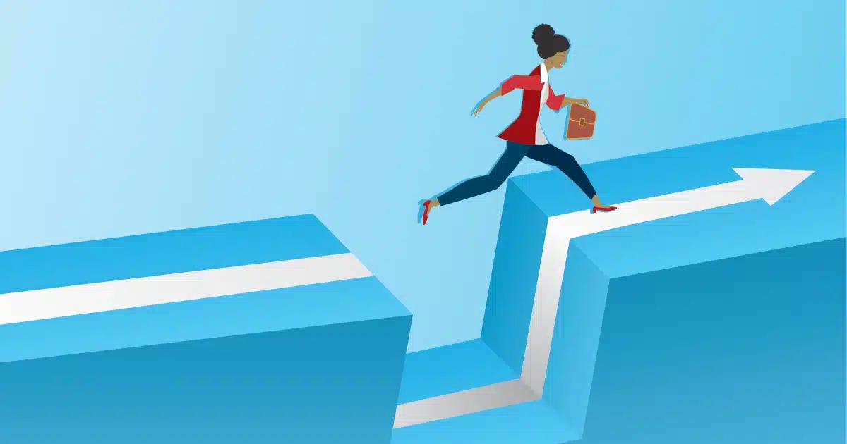 woman taking a gigantic step towards a better future, vector illustration