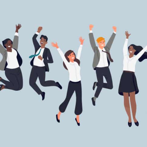 cheerful business colleagues jumping in the air at work, illustration