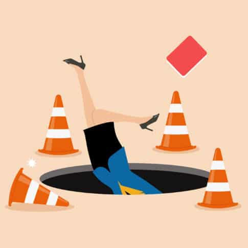 Terrified business woman fall down into the hole. Failure or mistake business concept. Vector illustration